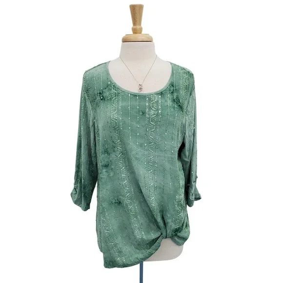 Sami & Jo Green Sequin Embellished Twist Front Blouse Womens Size 1X Plus Top - Picture 1 of 14